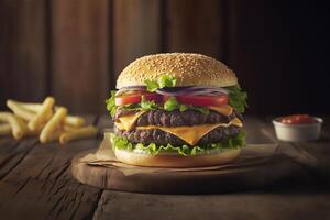 Tasty homemade hamburger on rustic wooden table. Copy space. Advertising. . Fast food snack photo