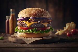 Tasty homemade hamburger on rustic wooden table. Copy space. Advertising. . Fast food snack photo