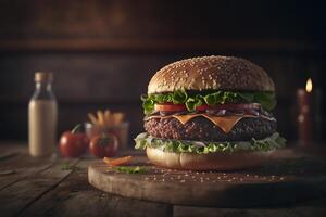 Tasty homemade hamburger on rustic wooden table. Copy space. Advertising. . Fast food snack photo