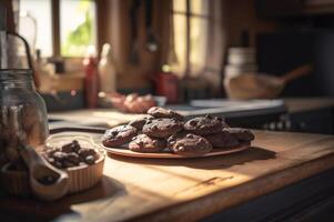 Delicious homemade chocolates cookies on rustic wooden table. photo