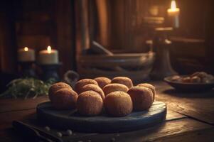 Delicious homemade croquettes on wooden table in rustic kitchen background. photo