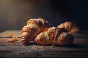 Delicious homemade croissants on rustic wooden kitchen table. photo