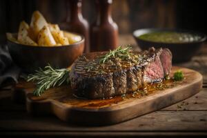 juicy grilled steak with herbs and spices on rustic cutting board. Barbecue. photo