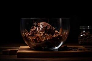 Gourmet chocolate ice cream in glass bowl on ice cream parlor table. Rustic wood. . frozen dessert photo