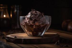 Gourmet chocolate ice cream in glass bowl on ice cream parlor table. Rustic wood. . frozen dessert photo