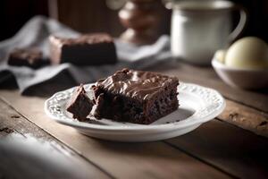 Delicious homemade chocolate brownie in white ceramic plate on rustic wooden table. . Selective focus photo