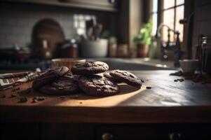 Delicious homemade chocolates cookies on rustic wooden table. photo