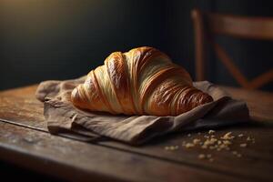 Delicious homemade croissants on rustic wooden kitchen table. photo
