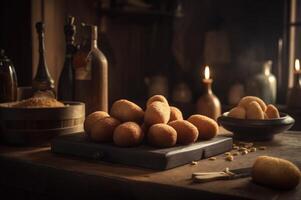 Delicious homemade croquettes on wooden table in rustic kitchen background. photo