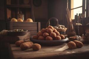 Delicious homemade croquettes on wooden table in rustic kitchen background. photo