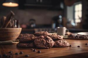 delicioso hecho en casa chocolates galletas en rústico de madera mesa. ai generado foto
