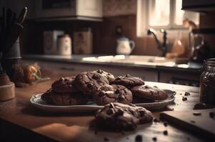 Delicious homemade chocolates cookies on rustic wooden table. photo