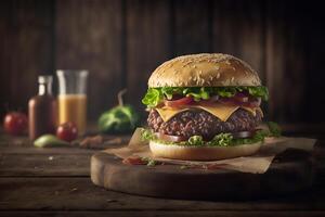 Tasty homemade hamburger on rustic wooden table. Copy space. Advertising. . Fast food snack photo