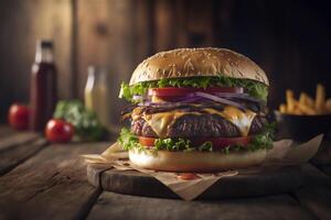 Tasty homemade hamburger on rustic wooden table. Copy space. Advertising. . Fast food snack photo