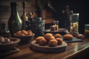 Delicious homemade croquettes on wooden table in rustic kitchen background. photo