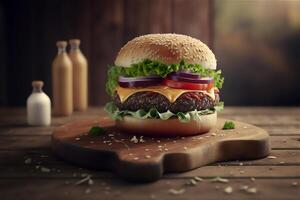 Tasty homemade hamburger on rustic wooden table. Copy space. Advertising. . Fast food snack photo