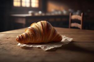 Delicious homemade croissants on rustic wooden kitchen table. photo