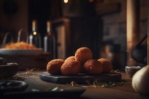 Delicious homemade croquettes on wooden table in rustic kitchen background. photo