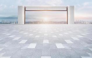 Empty brick floor square floors with panoramic views of the city skyline and frame the building photo