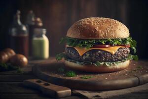 Tasty homemade hamburger on rustic wooden table. Copy space. Advertising. . Fast food snack photo