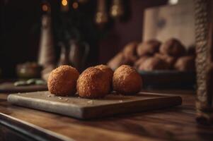 Delicious homemade croquettes on wooden table in rustic kitchen background. photo