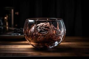 Gourmet chocolate ice cream in glass bowl on ice cream parlor table. Rustic wood. . frozen dessert photo