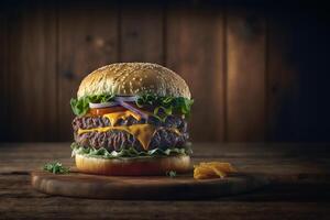 Tasty homemade hamburger on rustic wooden table. Copy space. Advertising. . Fast food snack photo