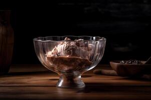 gastrónomo chocolate hielo crema en vaso cuenco en hielo crema salón mesa. rústico madera. ai generado. congelado postre foto