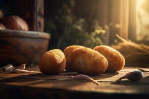 Delicious homemade croquettes on wooden table in rustic kitchen background. photo