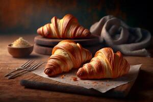 Delicious homemade croissants on rustic wooden kitchen table. photo