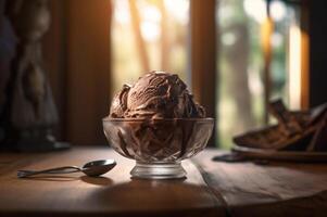 Gourmet chocolate ice cream in glass bowl on ice cream parlor table. Rustic wood. . frozen dessert photo