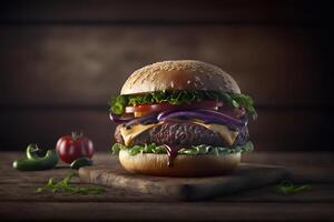 Tasty homemade hamburger on rustic wooden table. Copy space. Advertising. . Fast food snack photo