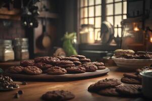 Delicious homemade chocolates cookies on rustic wooden table. photo