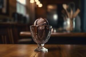 Gourmet chocolate ice cream in glass bowl on ice cream parlor table. Rustic wood. . frozen dessert photo