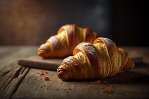 Delicious homemade croissants on rustic wooden kitchen table. photo