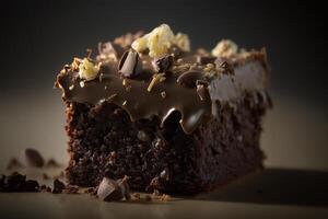 Delicious homemade chocolate brownie isolated on dark background. . Selective focus photo