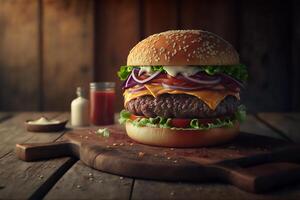 Tasty homemade hamburger on rustic wooden table. Copy space. Advertising. . Fast food snack photo