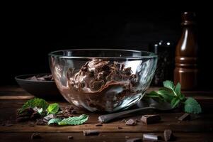 Gourmet chocolate ice cream in glass bowl on ice cream parlor table. Rustic wood. . frozen dessert photo