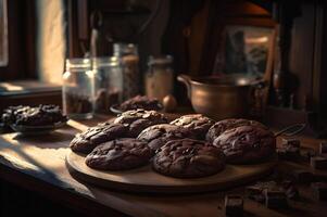 Delicious homemade chocolates cookies on rustic wooden table. photo