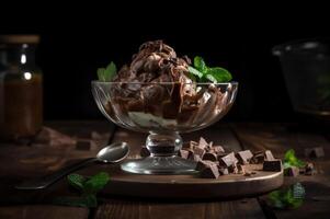 Gourmet chocolate ice cream in glass bowl on ice cream parlor table. Rustic wood. . frozen dessert photo