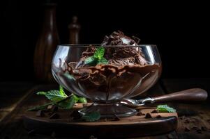 Gourmet chocolate ice cream in glass bowl on ice cream parlor table. Rustic wood. . frozen dessert photo