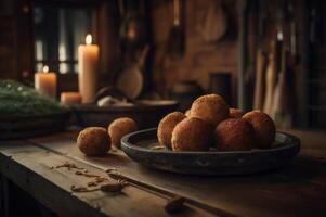 Delicious homemade croquettes on wooden table in rustic kitchen background. photo