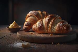 Delicious homemade croissants on rustic wooden kitchen table. photo