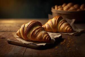 Delicious homemade croissants on rustic wooden kitchen table. photo