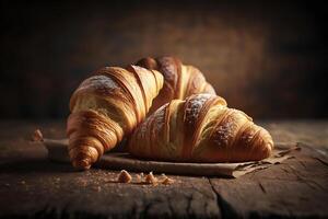 Delicious homemade croissants on rustic wooden kitchen table. photo