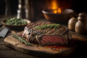 juicy grilled steak with herbs and spices on rustic cutting board. Barbecue. photo