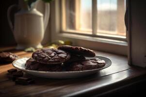 Delicious homemade chocolates cookies on rustic wooden table. photo