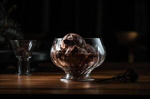 Gourmet chocolate ice cream in glass bowl on ice cream parlor table. Rustic wood. . frozen dessert photo