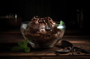 Gourmet chocolate ice cream in glass bowl on ice cream parlor table. Rustic wood. . frozen dessert photo