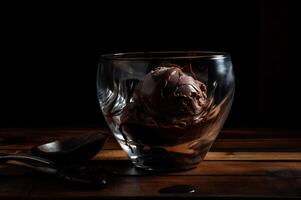 Gourmet chocolate ice cream in glass bowl on ice cream parlor table. Rustic wood. . frozen dessert photo